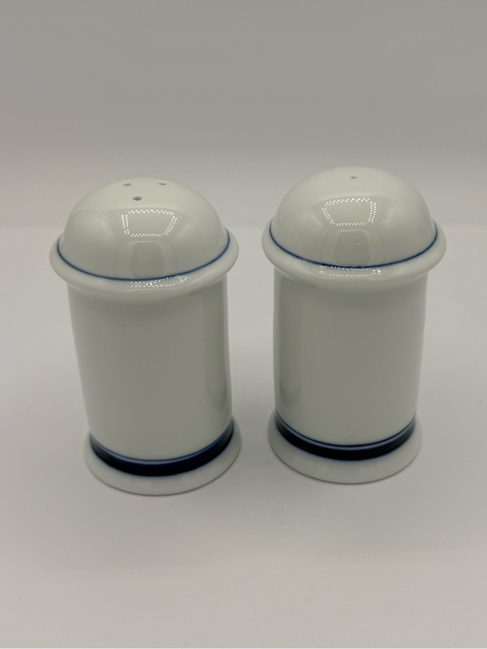 Vintage Dansk White Ceramic Salt and Pepper Shaker Set with Blue Trim